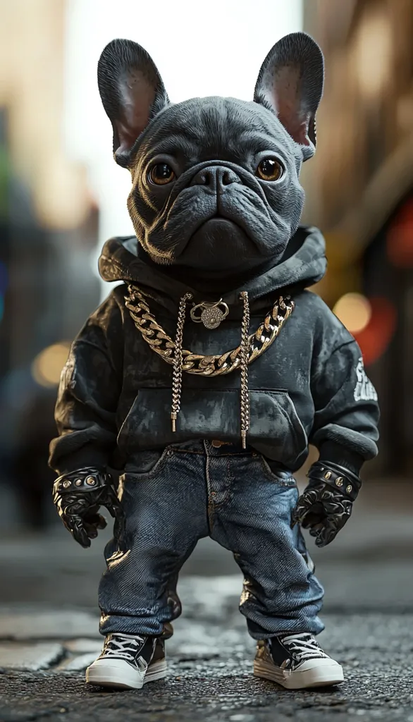 A stylized image of a French Bulldog dressed in streetwear.  The dog is anthropomorphized, wearing a dark hoodie, jeans, chunky sneakers, and a large gold chain necklace.  It also sports black fingerless gloves. The background is blurred, suggesting an urban setting. The overall style is edgy and fashionable, creating a humorous juxtaposition of a cute dog in hip-hop attire.