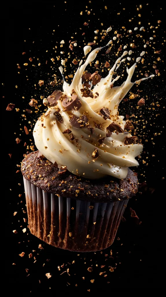 A chocolate cupcake with a swirl of creamy frosting is captured mid-air against a black background.  Chocolate pieces and gold sprinkles are exploding from the cupcake, creating a dynamic and visually appealing image. The frosting is generously topped with the same chocolate pieces and gold flecks.  The lighting accentuates the texture and detail of the cupcake and the scattered confectionery.