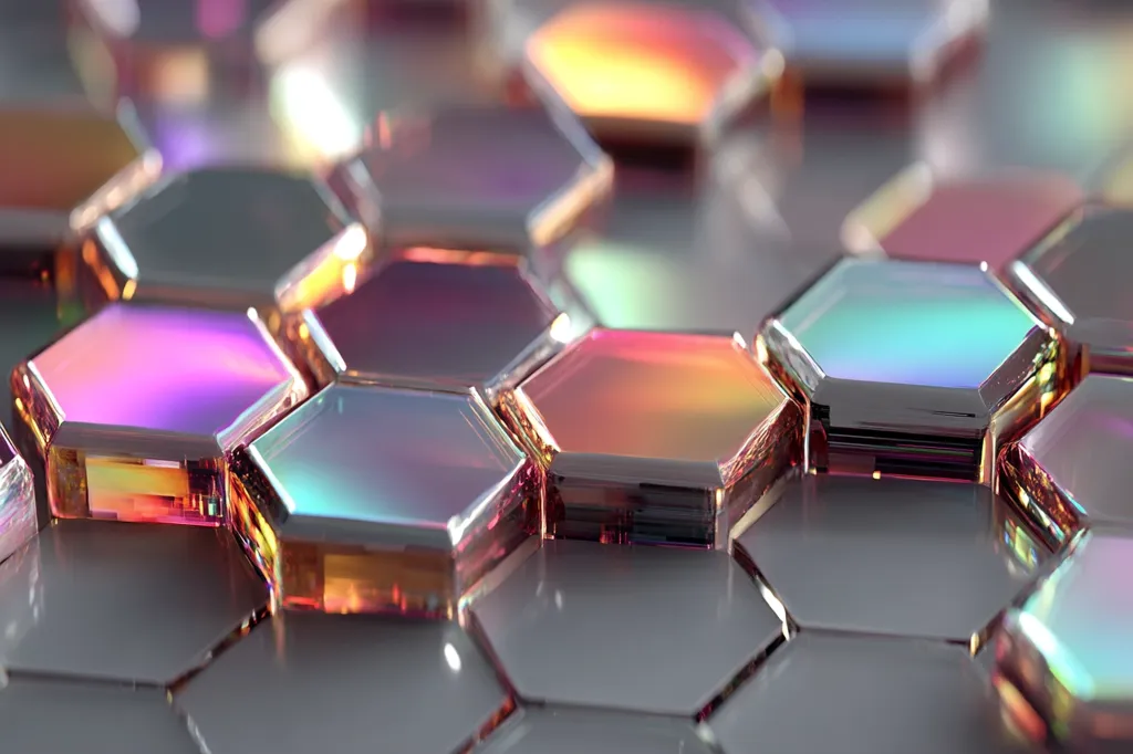 A close-up shot reveals a mesmerizing array of iridescent hexagonal prisms.  The prisms, exhibiting a spectrum of warm and cool colors, are arranged in a honeycomb pattern, creating a visually stunning texture.  The metallic sheen of the prisms is accentuated by subtle highlights and reflections, suggesting a polished, almost crystalline surface.  The overall impression is one of high-tech sophistication and intricate design.
