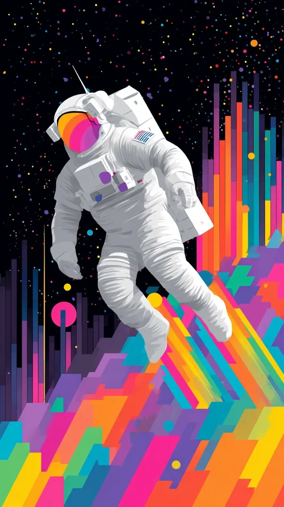 A stylized illustration depicts an astronaut floating against a vibrant, abstract backdrop. The astronaut, rendered in shades of white and grey, is shown mid-air, seemingly traversing a landscape of colorful geometric shapes.  The background features a cosmic scene speckled with stars and bursts of multicolored light, creating a dynamic and energetic composition.  The overall style is reminiscent of digital art and graphic design.
