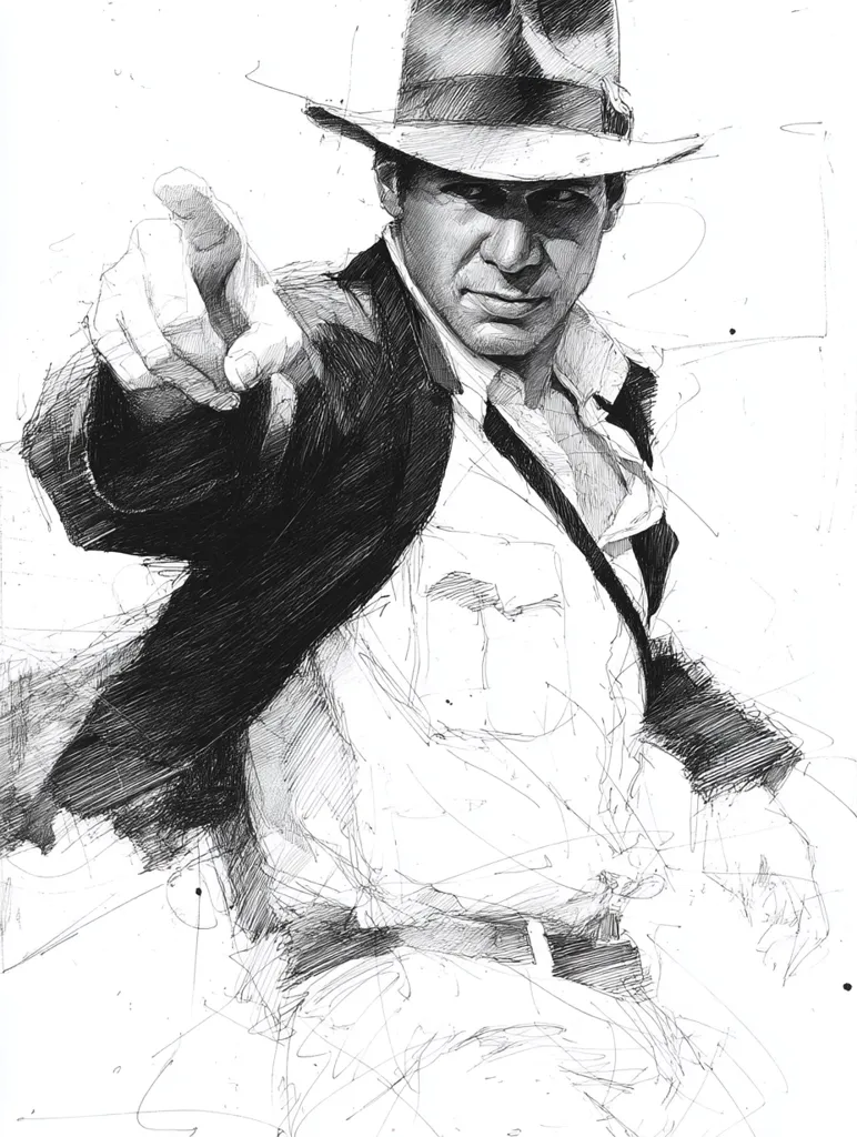 A dynamic, expressive black and white sketch captures Harrison Ford as Indiana Jones.  His fedora is low, his gaze intense as he points directly at the viewer.  The style is energetic, with visible sketch lines suggesting movement and a raw, unfinished quality.  The overall effect is powerful and iconic, emphasizing Jones's adventurous spirit.