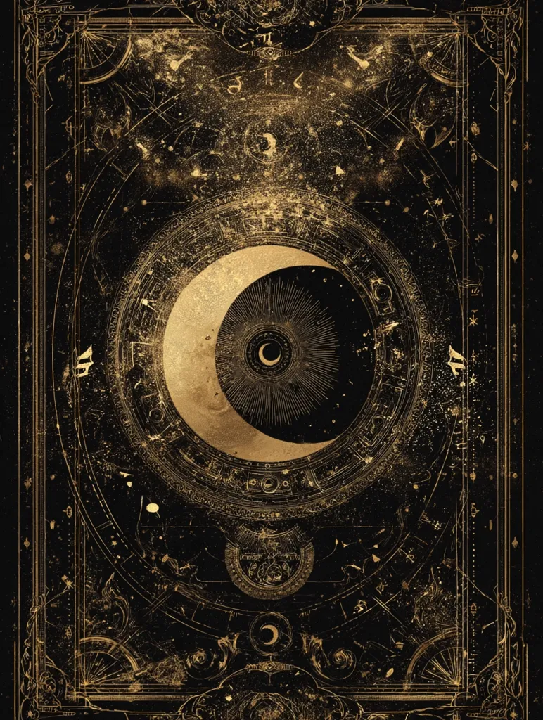 A celestial artwork in gold and black depicts a crescent moon encircled by intricate, ornate astrological symbols.  The design is framed by a gilded border with a distressed, antique texture suggesting age and mystery.  Scattered gold specks across the black background evoke a starry night sky, enhancing the mystical and cosmic feel of the piece. The overall aesthetic blends elegance with a touch of darkness.