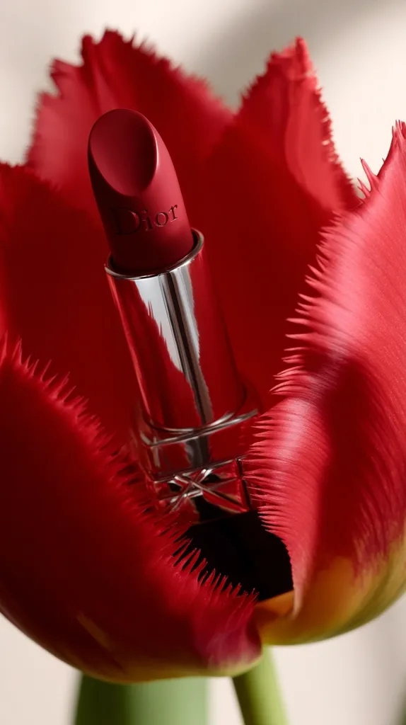 A Dior lipstick in a deep red shade is nestled within the petals of a vibrant red tulip. The lipstick's metallic silver casing contrasts beautifully with the rich color of the flower.  The image is a close-up shot, highlighting the textures of both the lipstick and the tulip's delicate petals. The lighting accentuates the glossy finish of the lipstick and the soft, velvety appearance of the flower.