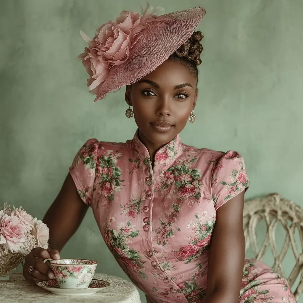 A Black woman with dark eyes and beautifully defined features sits elegantly at a table.  She wears a pink floral dress with short sleeves and a matching wide-brimmed hat adorned with blush-toned roses.  Delicate earrings and a serene expression complete her refined appearance.  A vintage teacup and saucer rest on the table before her, adding to the sophisticated ambiance.  The background is a muted green.