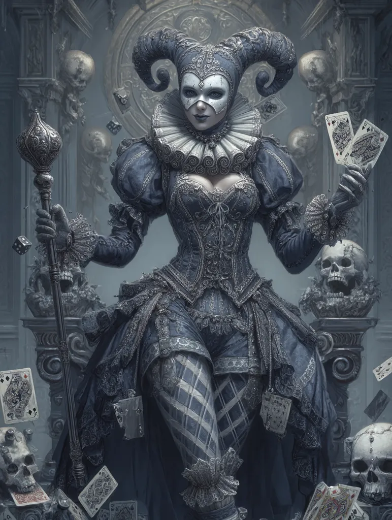 A dark, gothic-styled female jester sits regally on a throne amidst skulls and scattered playing cards.  She wears an elaborate, dark blue and grey costume with a large ruff and a pointed hat.  A scepter rests in her gloved hand, and she holds playing cards in the other. The overall aesthetic is macabre and elegant, hinting at themes of fate and chance.