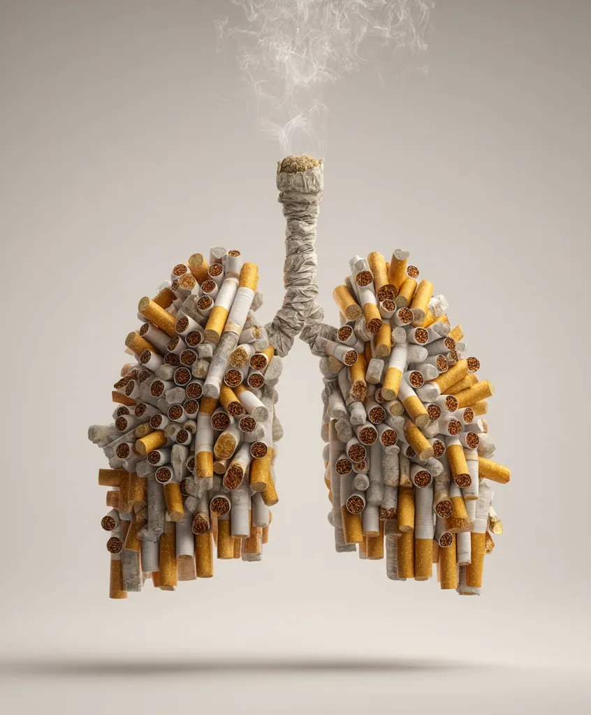 A pair of lungs are depicted, formed entirely from numerous cigarettes.  A single, burning cigarette acts as the trachea, connecting the lung structures.  Smoke rises from the burning cigarette, creating a stark visual representation of the harmful effects of smoking on the respiratory system.  The image serves as a powerful anti-smoking message.