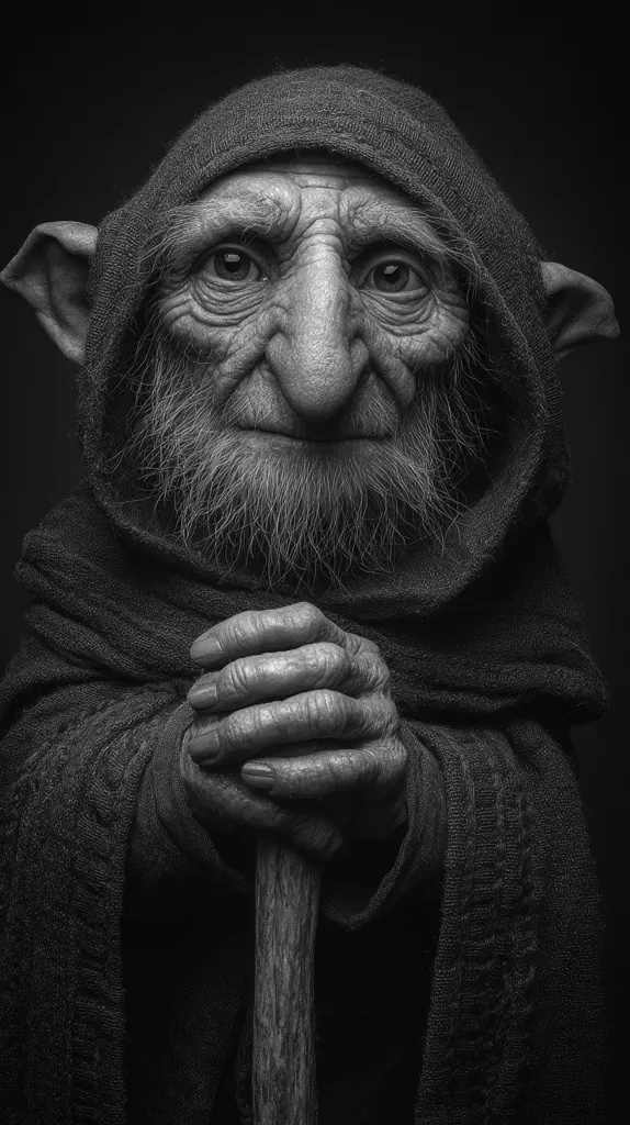 A black and white close-up portrait depicts an elderly, gnome-like creature.  The subject, with pointed ears and deeply lined skin, wears a dark hooded cloak.  Their hands, gnarled with age, clasp a wooden staff.  The image's stark contrast and dramatic lighting emphasize the character's age and wisdom. The overall mood is somber and mysterious.