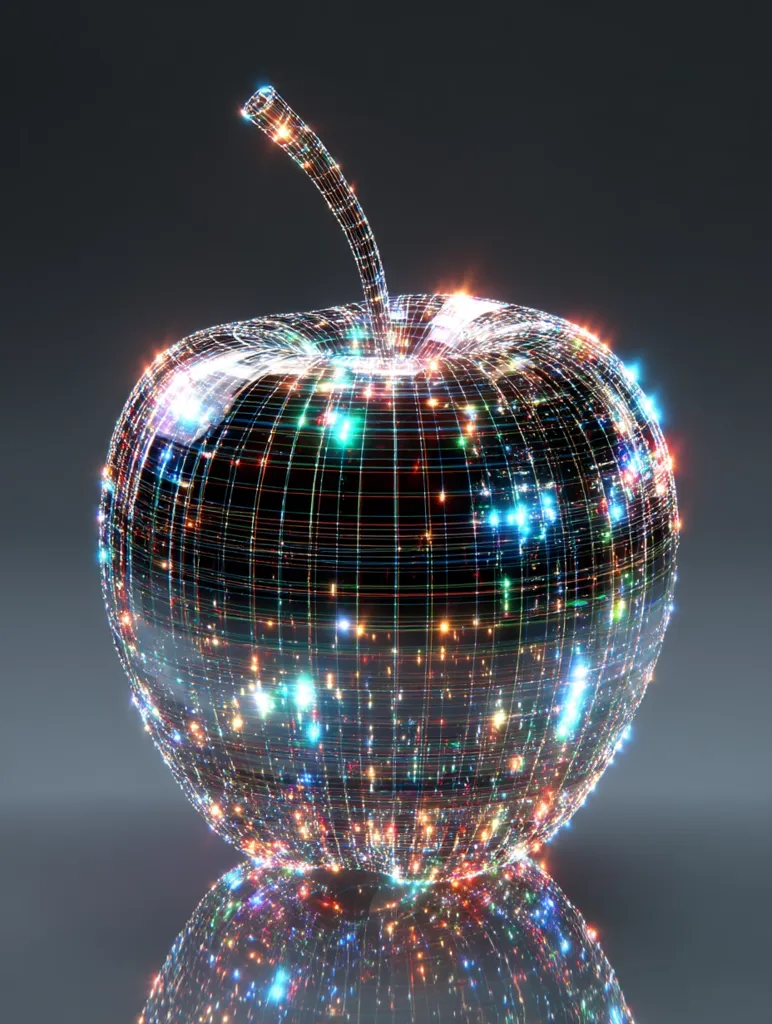 A digital rendering depicts a luminous apple, its form constructed from a mesh of interconnected lines.  These lines glow with multicolored lights, creating a vibrant, almost ethereal effect. The apple sits on a reflective surface, mirroring its radiant form.  The overall image evokes a sense of technological innovation and futuristic design.