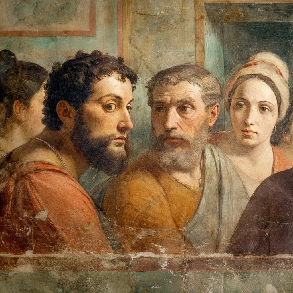 A close-up of a fresco depicting four individuals, possibly from a historical or biblical scene.  Three are shown from the chest up, their faces conveying a range of expressions from pensive to stoic.  The figures are dressed in period attire, their garments exhibiting folds and texture. The style suggests classical influence, with realistic rendering of features and subtle use of light and shadow. The paint shows some age and texture, enhancing its historical feel.