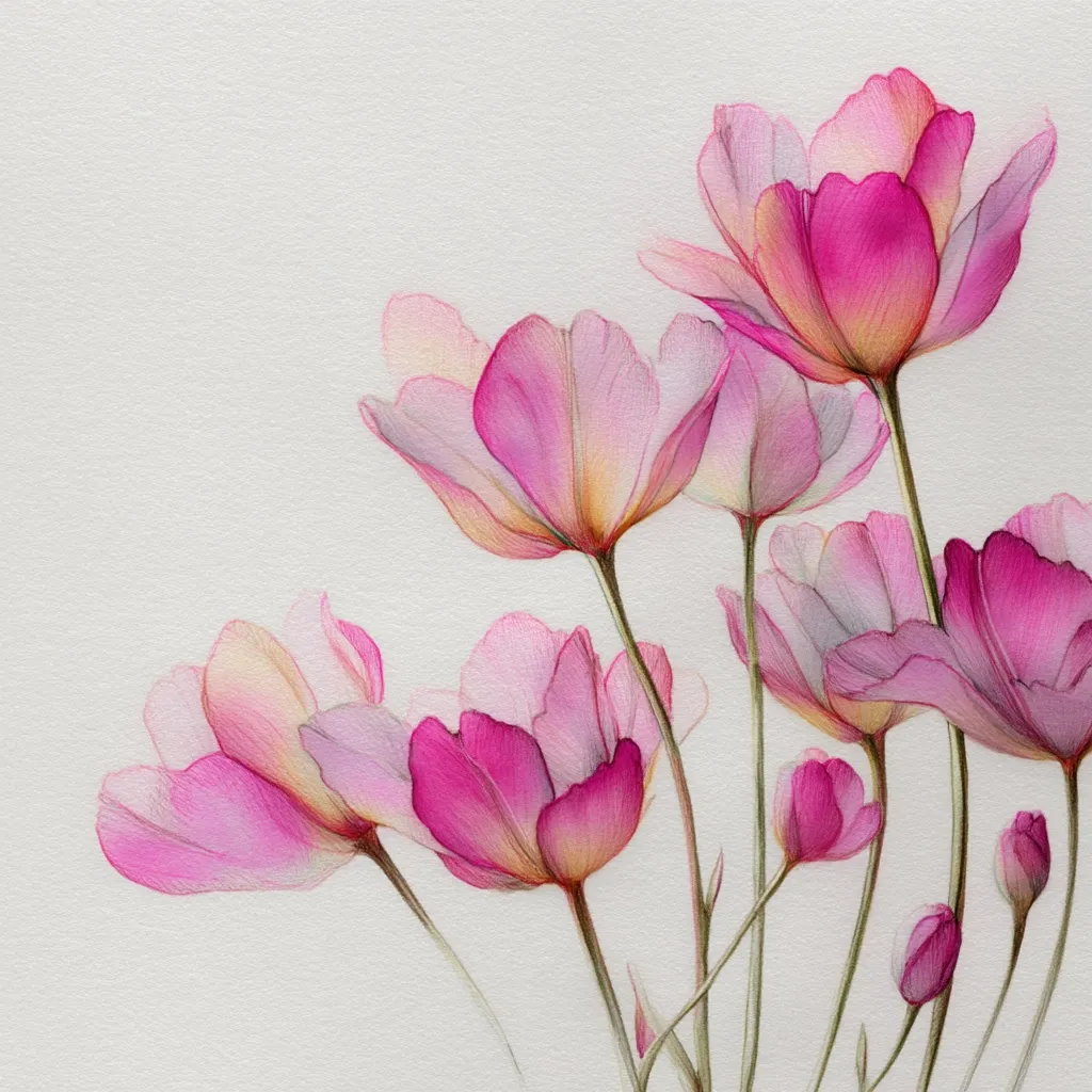 A delicate watercolor and pencil drawing showcases a cluster of pink flowers.  Their petals are rendered with soft, translucent shading, creating a dreamy, ethereal effect against a light gray background.  The flowers vary in shade, from pale pinks to deeper fuchsia hues, with hints of yellow at their centers.  The stems are slender and elegant, suggesting a gentle breeze.  The overall impression is one of delicate beauty and serenity.