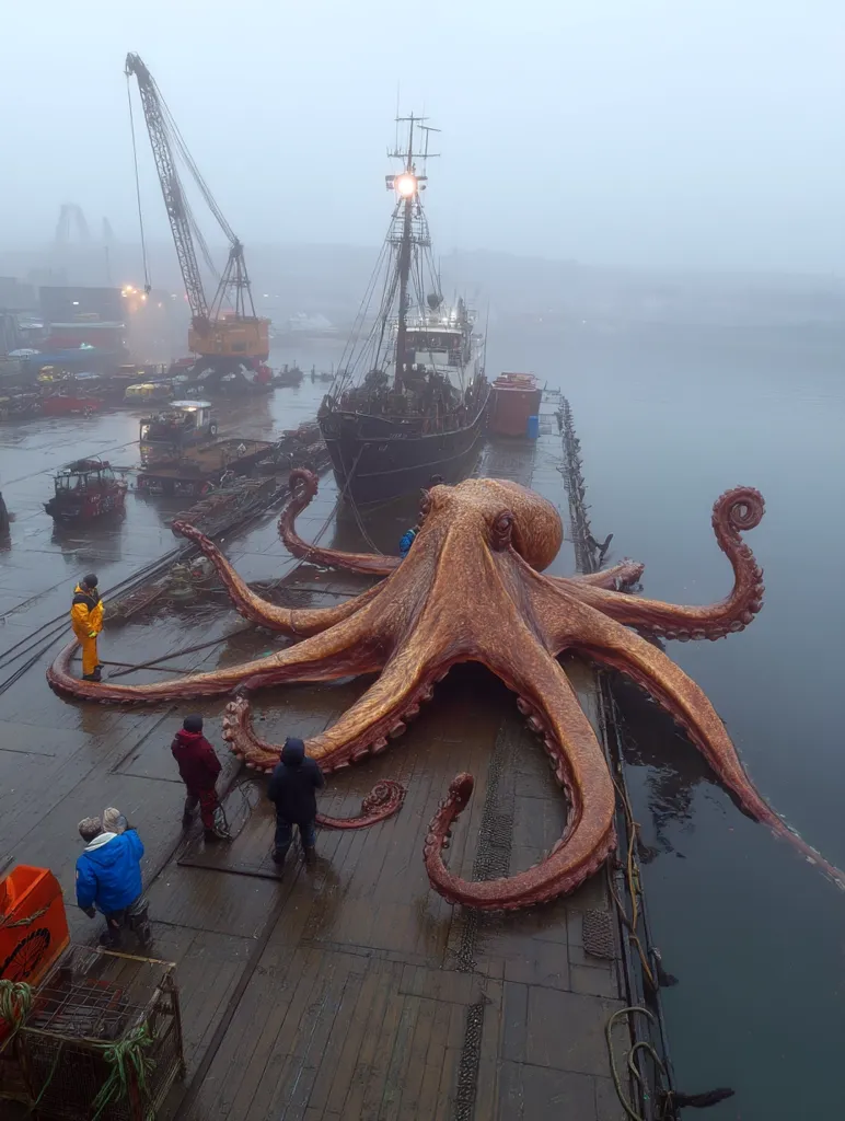 A colossal, intricately detailed octopus model dominates a foggy dockside scene.  Several crew members stand near the enormous creature, dwarfed by its size.  A ship is moored nearby, suggesting a film set or artistic installation. The overall atmosphere is moody and mysterious, emphasizing the scale of the octopus.