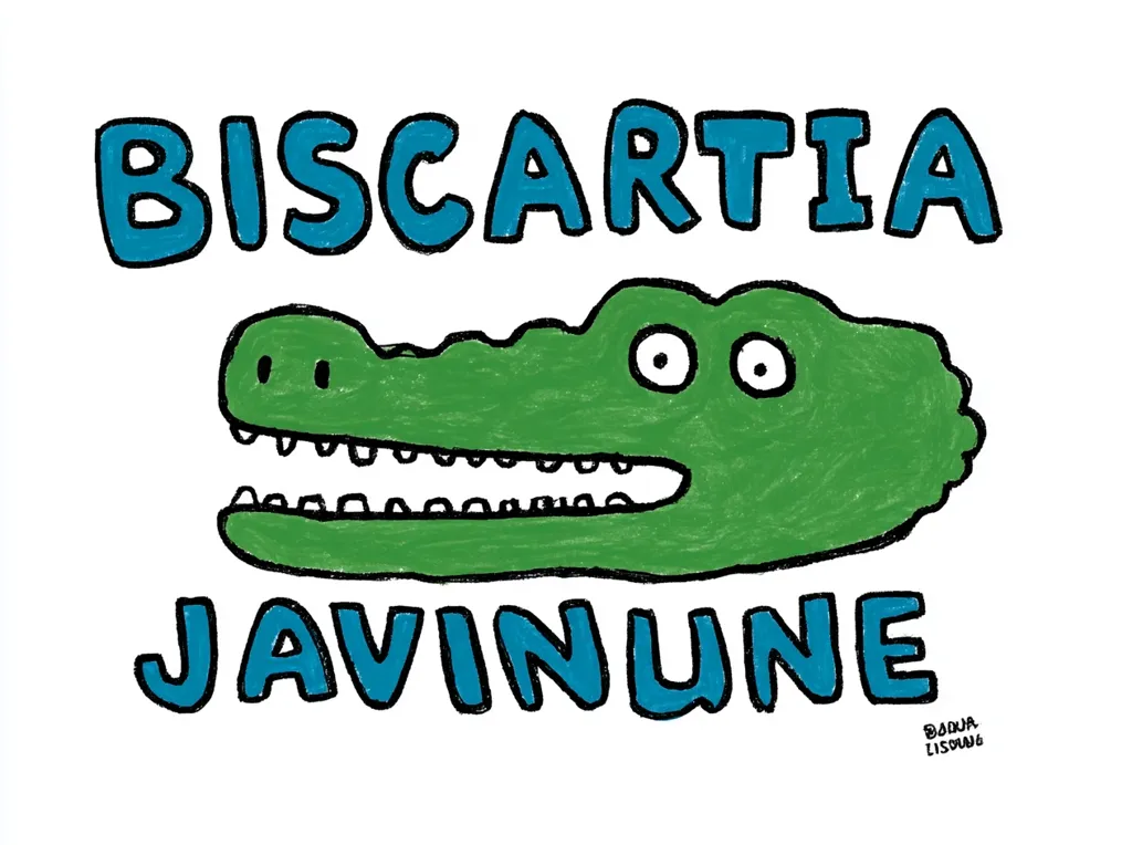 A childlike drawing features a green crocodile with large eyes and teeth, positioned below the words "BISCARTIA" and "JAVINUNE" in teal. The words are written in a playful, bold font.  The crocodile's simple design and the overall style suggest a fun, possibly whimsical or childish context.  A small signature is visible in the bottom right corner.
