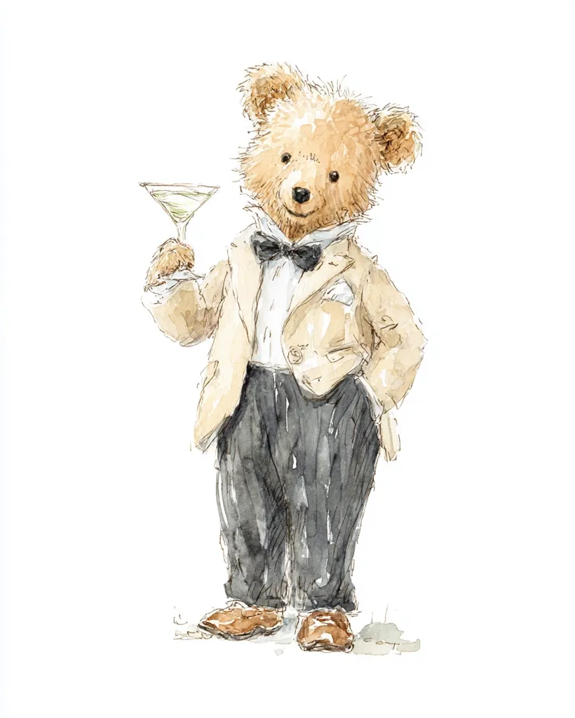 A watercolor painting depicts a teddy bear dressed in a tan suit and bow tie, holding a martini glass.  The bear is standing, its expression is sophisticated, and it appears to be enjoying a cocktail. The style is whimsical yet elegant, suggesting a refined and playful character. The background is plain white, focusing attention on the dapper bear.