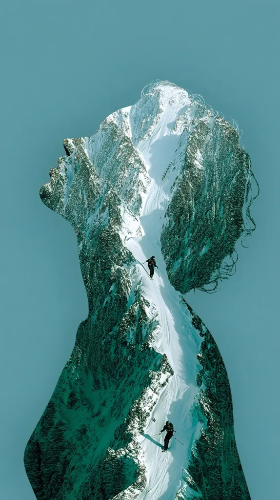 A stunning double exposure image blends the profile of a woman's face with a snow-capped mountain range.  Two skiers are visible descending a steep, snowy slope carved into the mountain's side, which forms the woman's hair and facial features. The teal color palette creates a serene and ethereal atmosphere, emphasizing the unity of nature and humanity.