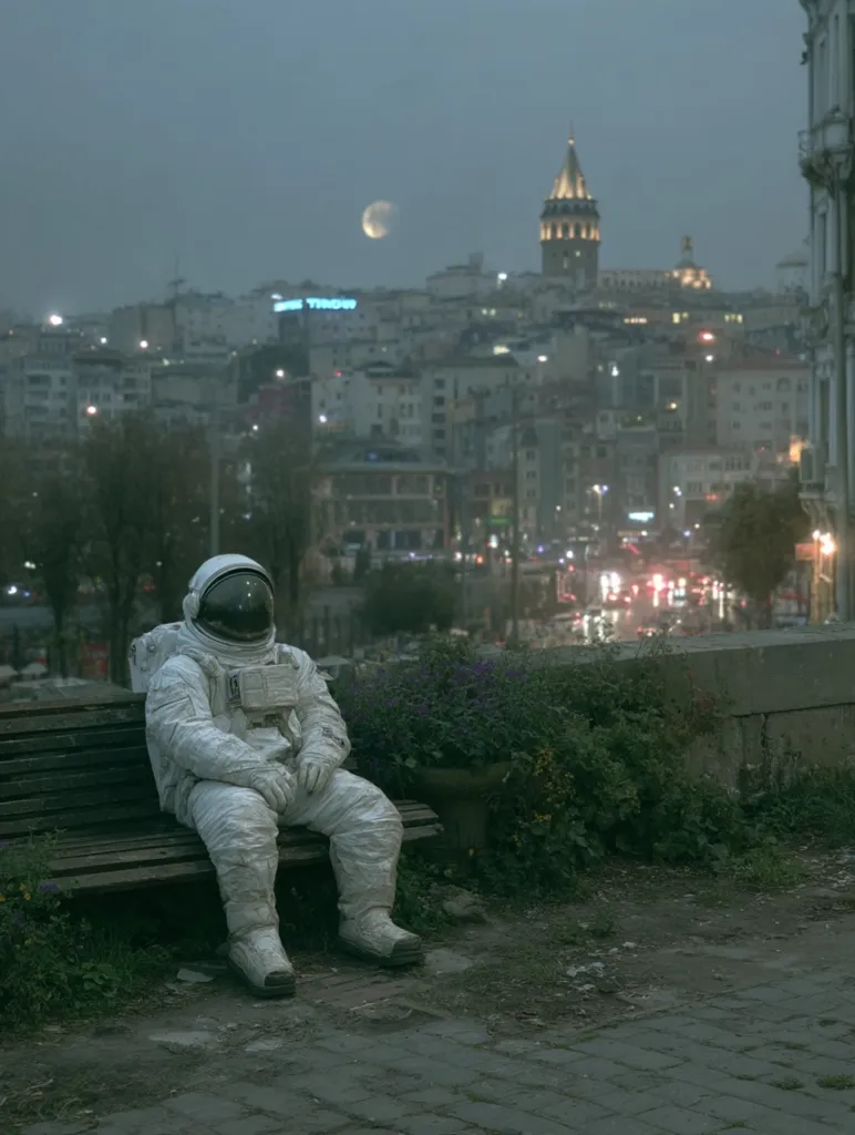 A lone astronaut sits on a park bench, gazing out at a cityscape under a large, pale moon.  The city, possibly Istanbul, with its distinctive architecture and Galata Tower, is bathed in twilight. The astronaut's spacesuit contrasts starkly with the urban setting, creating a surreal and contemplative scene.  A sense of quiet solitude permeates the image.