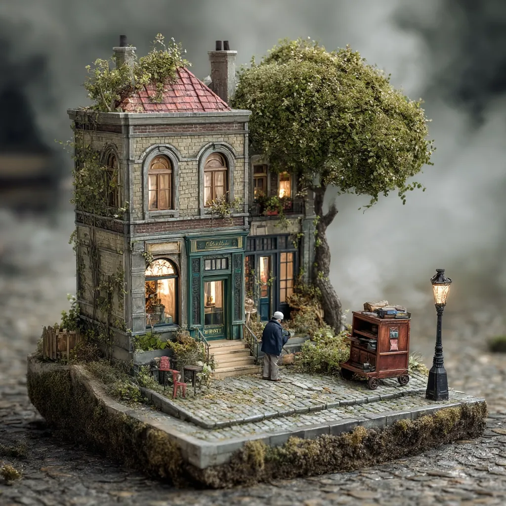 A meticulously crafted miniature scene depicts a quaint, two-story building, possibly a bookstore, nestled amongst lush greenery.  A small figure stands before the shop, which features arched windows and a charming entrance.  A cart laden with books sits nearby, adding to the storybook quality. The overall effect is one of whimsical detail and captivating realism.  The scene is bathed in soft, atmospheric light.