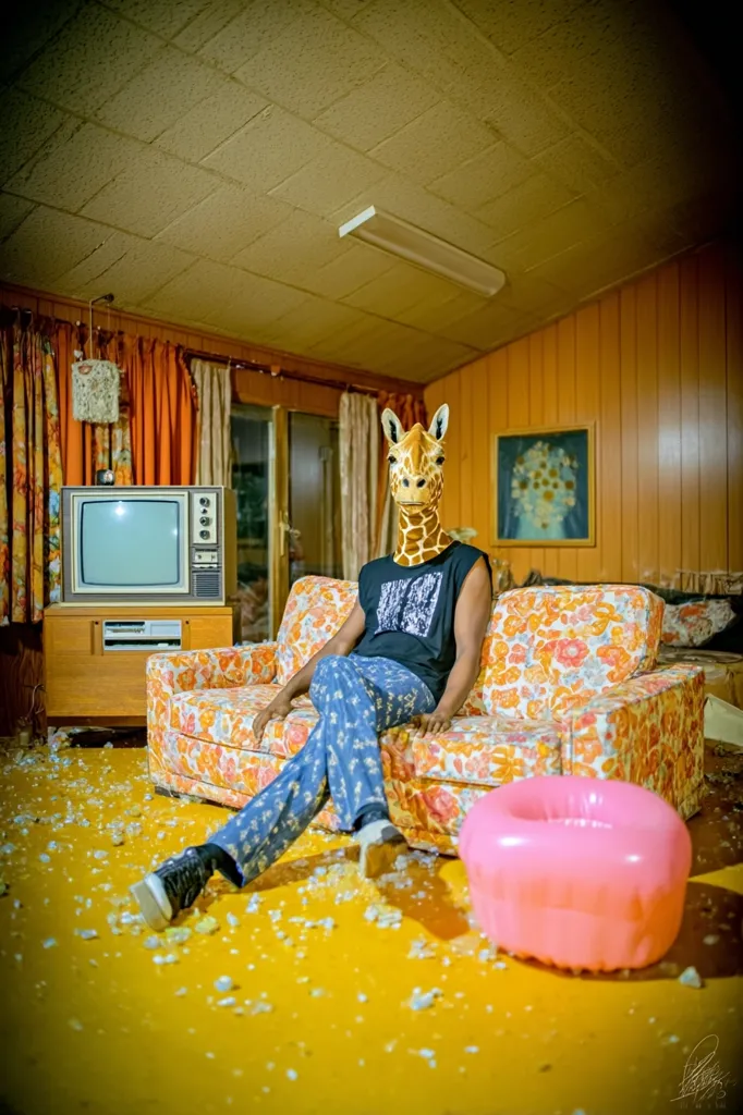 A person wearing a giraffe mask sits on a floral patterned couch in a retro-style room.  The floor is covered in broken glass or similar debris. A vintage television sits on a wooden cabinet, and a pink inflatable ring rests on the floor. The overall aesthetic is surreal and slightly unsettling, with a blend of 70s decor and unexpected elements.