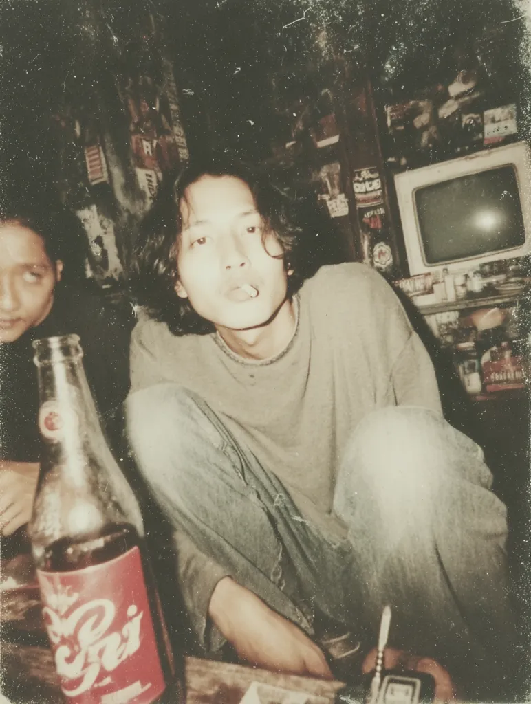 A grainy, vintage photograph shows a young man with long dark hair, seated and smoking a cigarette. He's wearing a light gray long-sleeved shirt and faded blue jeans.  A bottle of a dark reddish soda is visible in the foreground.  Another person's face is partially visible in the background, and an old television set is also present in the dimly lit room, which appears cluttered. The overall aesthetic is reminiscent of an old, possibly nostalgic, photo.