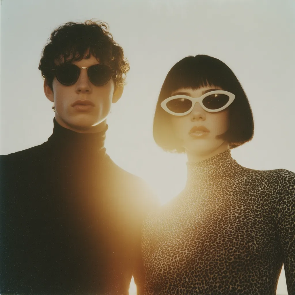 A young man and woman stand against a bright sky, bathed in golden sunlight.  He wears dark sunglasses and a black turtleneck; she sports white oval sunglasses and a leopard print turtleneck top.  Their stylish, retro-inspired outfits and close proximity suggest a connection, creating a fashionable and slightly mysterious image. The sun's glow adds a warm, cinematic quality to the photograph.