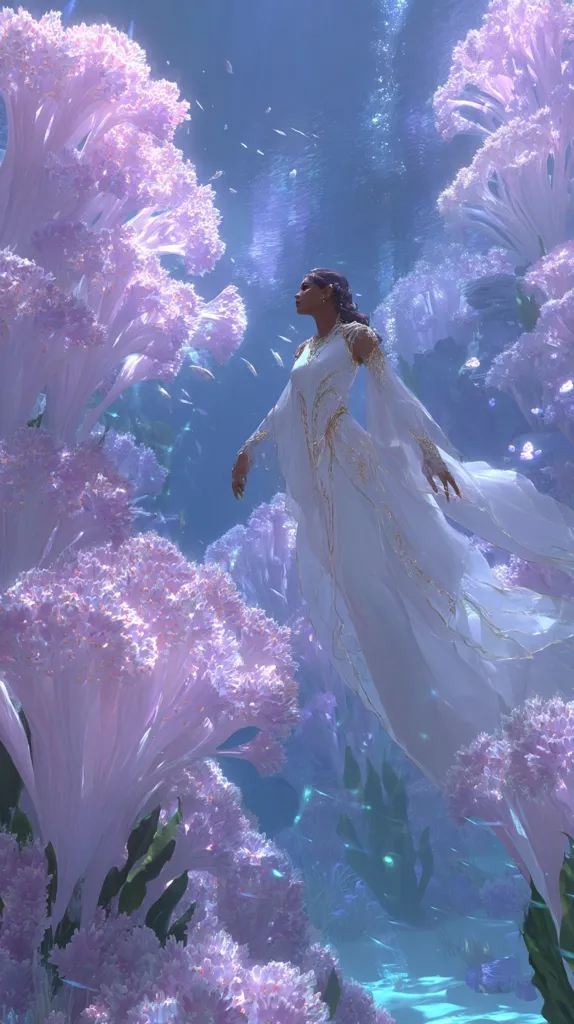 A digital painting depicts a woman in a flowing white gown, seemingly floating amidst a surreal underwater scene.  She is dark-skinned and gazes upwards.  The background is filled with large, pale lavender, coral-like structures, creating a dreamlike and ethereal atmosphere.  Small, glowing particles drift in the water, enhancing the magical quality of the image.