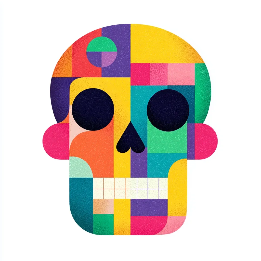 A vibrant, geometric skull design is depicted, composed of multicolored squares and circles.  The skull's features—eye sockets, nose, and teeth—are clearly defined within the bold, colorful geometric pattern.  The style suggests a modern interpretation of traditional skull imagery, possibly inspired by  Day of the Dead aesthetics.  The image is clean and graphic, with a textured effect adding depth to the flat shapes.