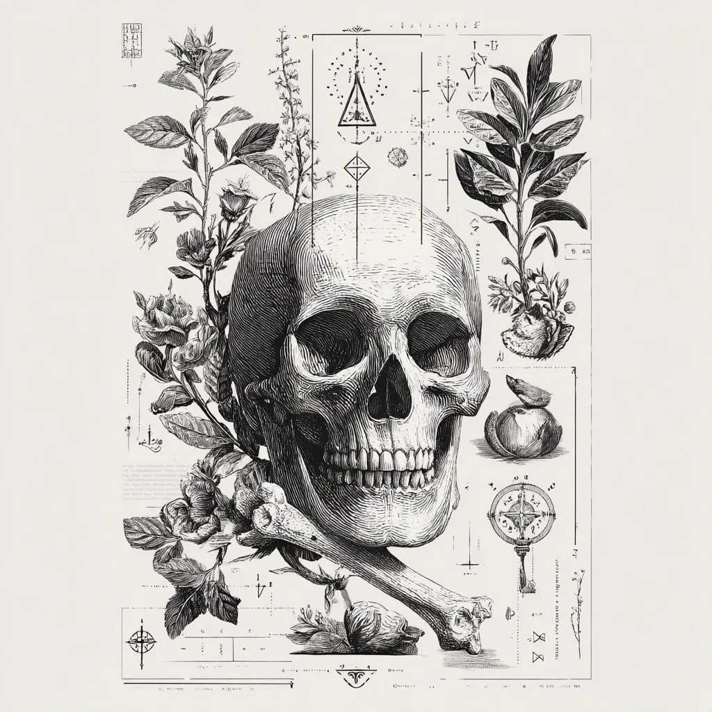 A detailed black and white illustration features a human skull centrally positioned, adorned with various botanical elements including flowers and leaves.  Crossbones rest beneath the skull.  Surrounding the main image are intricate diagrams and geometric symbols, suggesting a scientific or alchemic context. The overall style is reminiscent of vintage anatomical drawings and botanical illustrations.