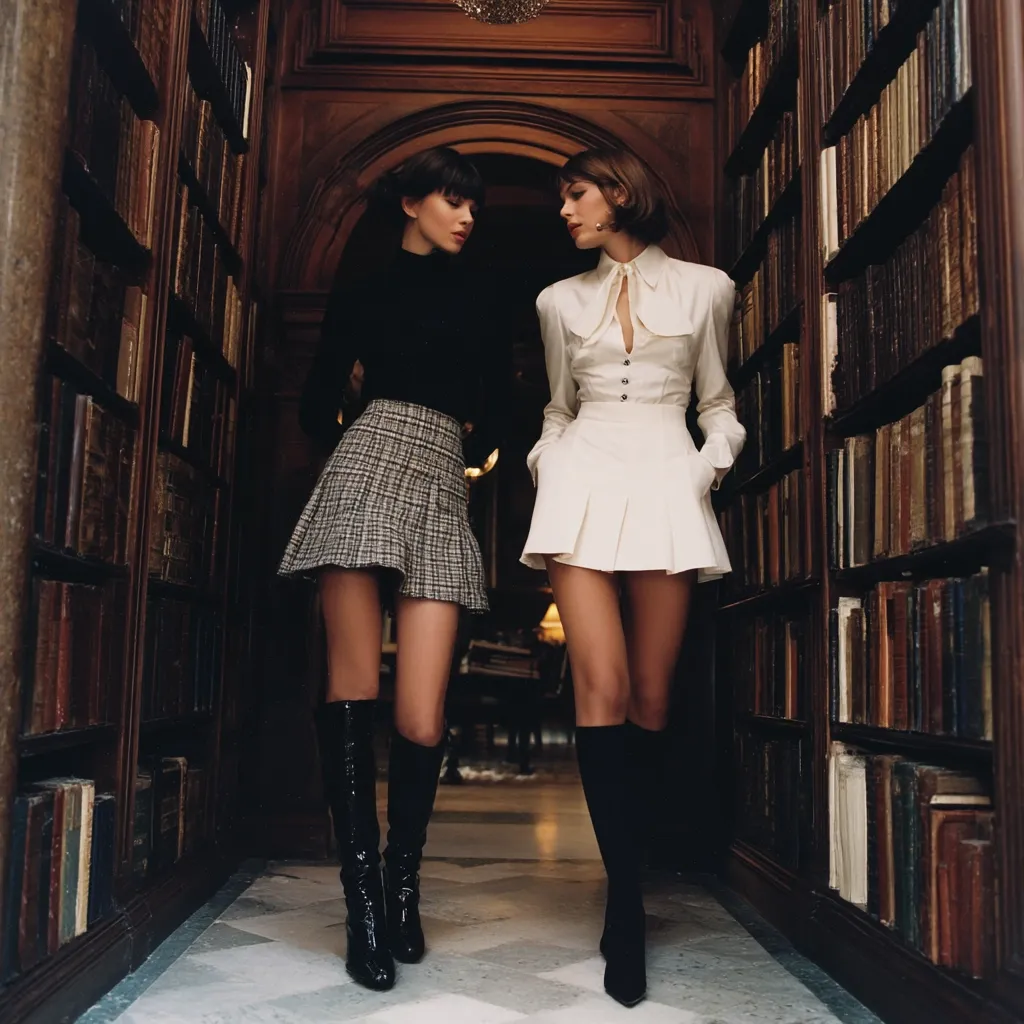 Two young women stand in a hallway lined with bookshelves, showcasing contrasting styles. One wears a black turtleneck and a plaid mini skirt, while the other sports a white collared shirt and a pleated white mini skirt.  Both are wearing knee-high black boots. The setting evokes a vintage or retro aesthetic, emphasizing their fashionable attire.