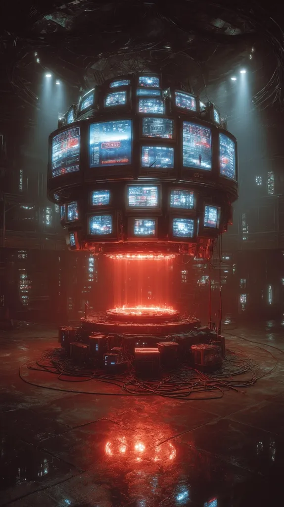 A futuristic dystopian scene depicts a large spherical structure composed of numerous screens displaying data.  The sphere is suspended above a glowing red core, emitting beams of light.  The surrounding environment is dark and industrial, with a gritty, metallic floor reflecting the red glow.  Wires and cables sprawl around the base, adding to the complex and technological aesthetic.  The overall atmosphere is one of mystery and technological dominance.
