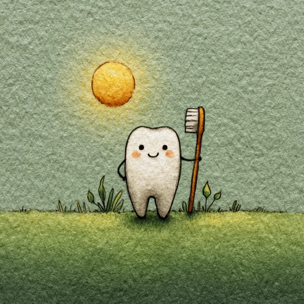 A whimsical illustration depicts a smiling cartoon tooth standing in a grassy field under a bright yellow sun.  The tooth holds a toothbrush, suggesting a message about oral hygiene. The artwork uses a textured, watercolor-like style with soft colors, creating a gentle and cheerful mood. The overall feel is childlike and endearing.