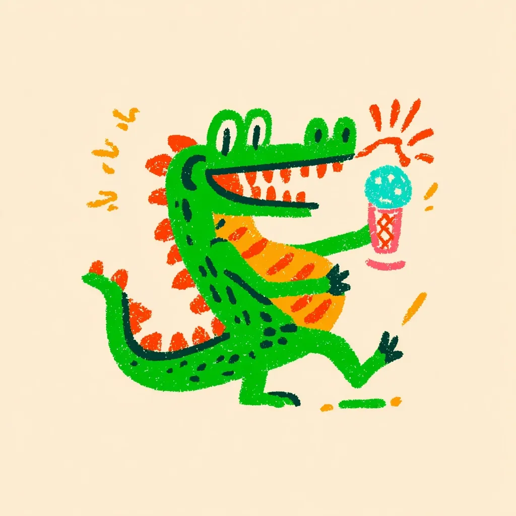 A cheerful, cartoonish green dragon, adorned with orange spikes, joyfully holds an ice cream cone.  Its vibrant colors and playful design suggest a child-like, whimsical style. The dragon's wide grin and energetic pose convey happiness and excitement about its sweet treat.  The background is a pale, creamy beige, further emphasizing the colorful illustration.