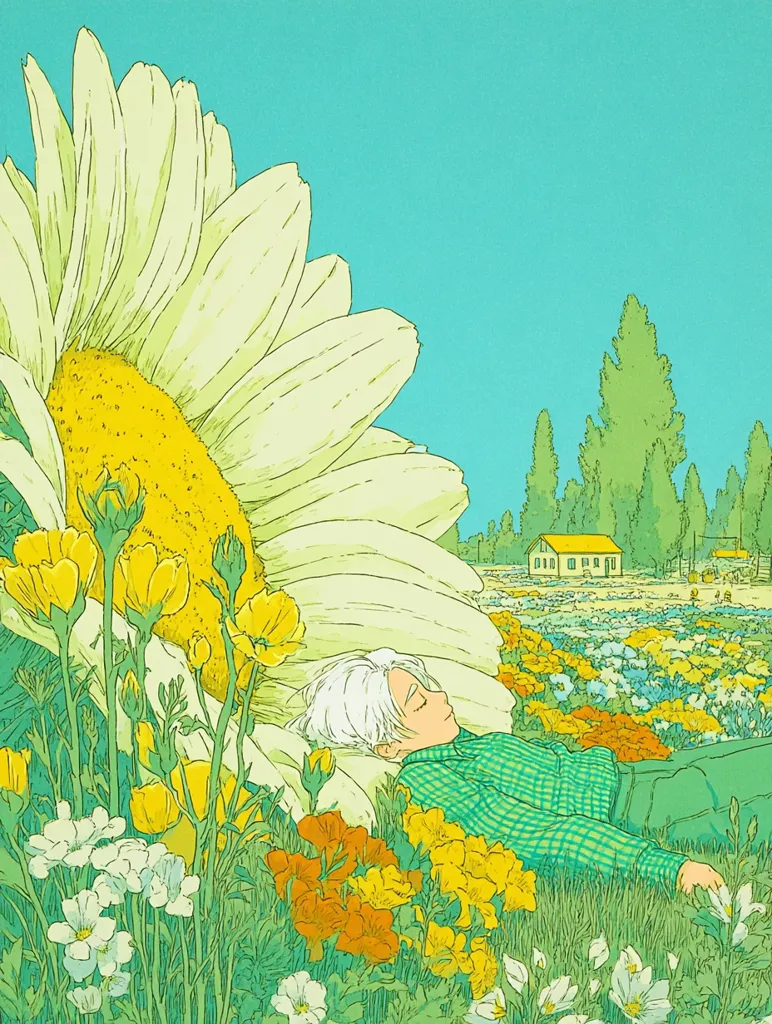 A person with white hair rests peacefully on a giant daisy in a vibrant field of wildflowers.  The scene is idyllic, with a small house visible in the distance under a bright turquoise sky. The art style is reminiscent of whimsical illustrations, with bold outlines and pastel coloring.  The overall mood is serene and dreamlike.