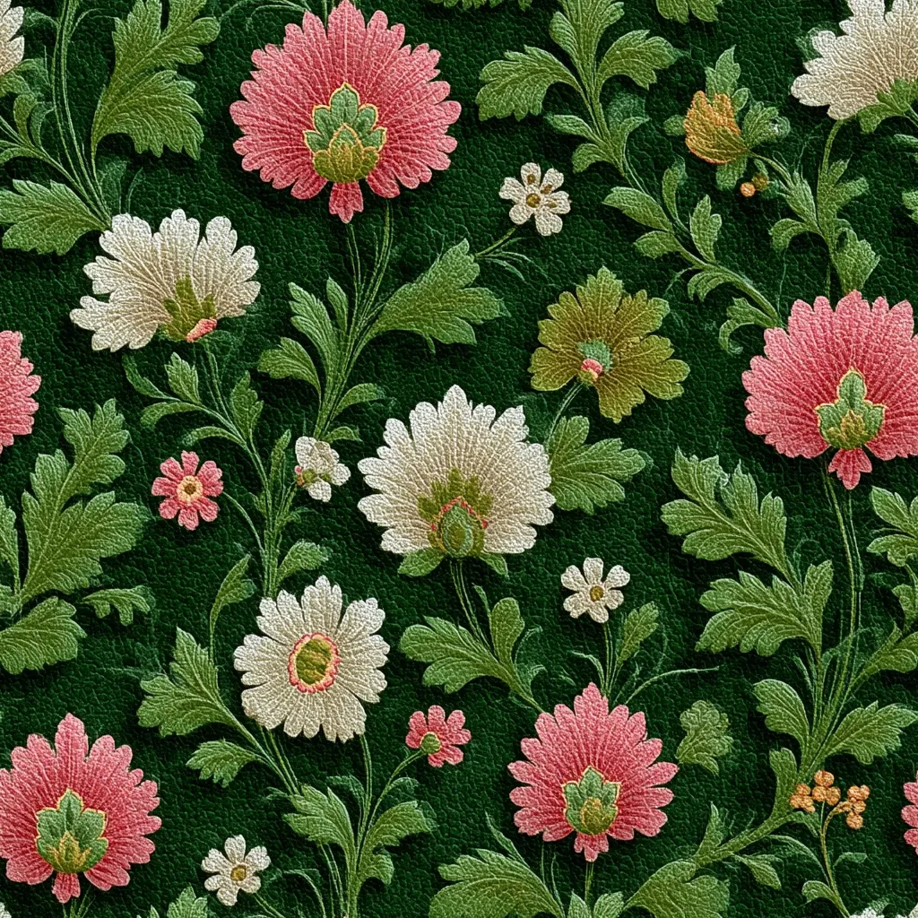 A repeating floral pattern on a dark green background.  The design features pink, white, and green chrysanthemum-like flowers interspersed with smaller blossoms and stylized foliage.  The texture appears embossed, giving a leather-like quality. The overall style is reminiscent of vintage wallpaper or fabric prints.