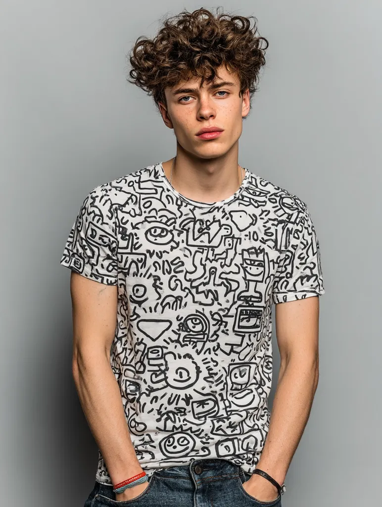 A young man with curly brown hair poses against a gray background. He's wearing a short-sleeved, white t-shirt adorned with a playful, all-over black doodle print. His expression is serious, and his hands are casually placed in his jeans pockets.  He appears to be in his late teens or early twenties.