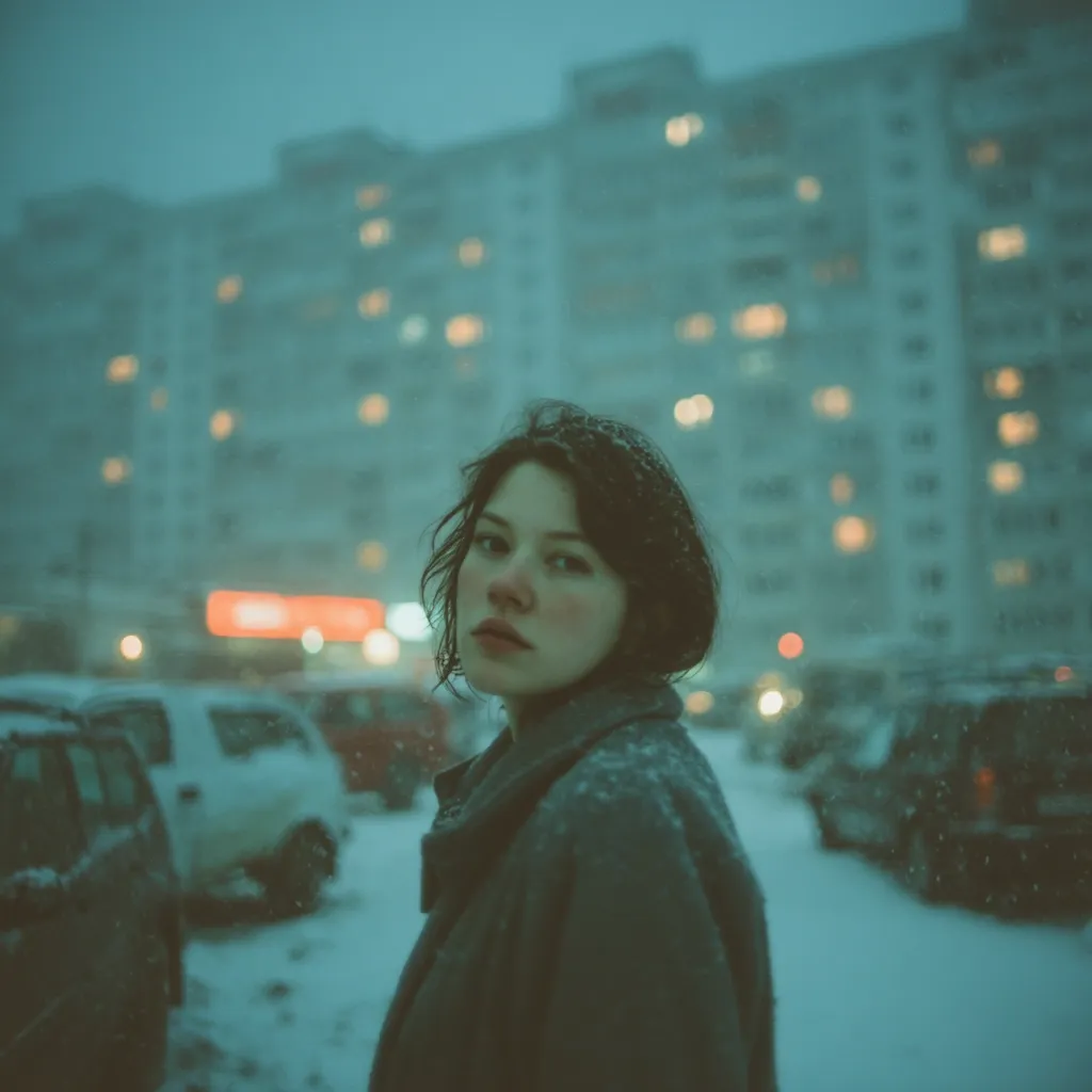A young woman with dark hair stands in a snowy city street at dusk.  Her coat is dusted with snow.  Blurred apartment buildings with glowing windows form the background, creating a moody and atmospheric scene.  The overall tone is melancholic and serene.