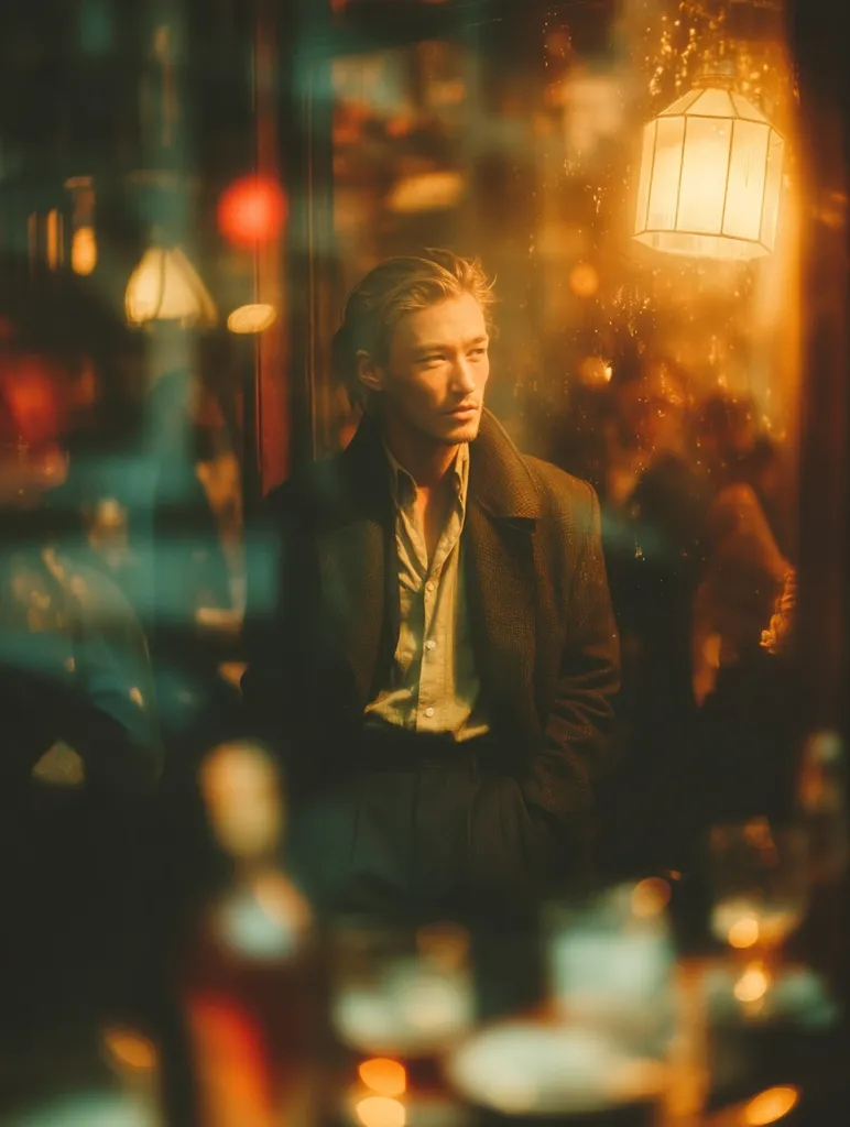 A young man with blond hair sits in a dimly lit bar, viewed through a rain-streaked window.  He's dressed in a dark coat over a green shirt, his expression thoughtful. Warm light from a hanging lantern illuminates him, contrasting with the blurred background of other patrons and city lights. The overall mood is atmospheric and slightly melancholic.