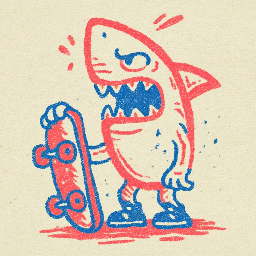 A cartoon illustration depicts an angry, red shark-like creature holding a skateboard.  The shark has a grumpy expression and sharp teeth, rendered in a textured, crayon-like style with red and blue coloring.  The background is a muted beige, contrasting with the vibrant character. The overall style is playful and slightly mischievous.