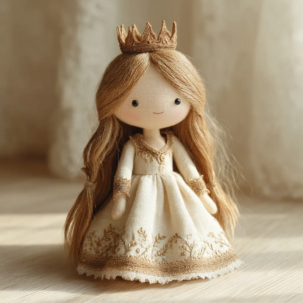 A handcrafted doll, resembling a princess, is adorned with a golden crown and a cream-colored, embroidered gown.  Her long, light brown hair cascades down her back. The doll has a sweet, simple face with dark button eyes, and a delicate smile.  The dress features intricate gold detailing, adding to its regal appearance.  She sits on a light wooden surface, bathed in soft, natural light.