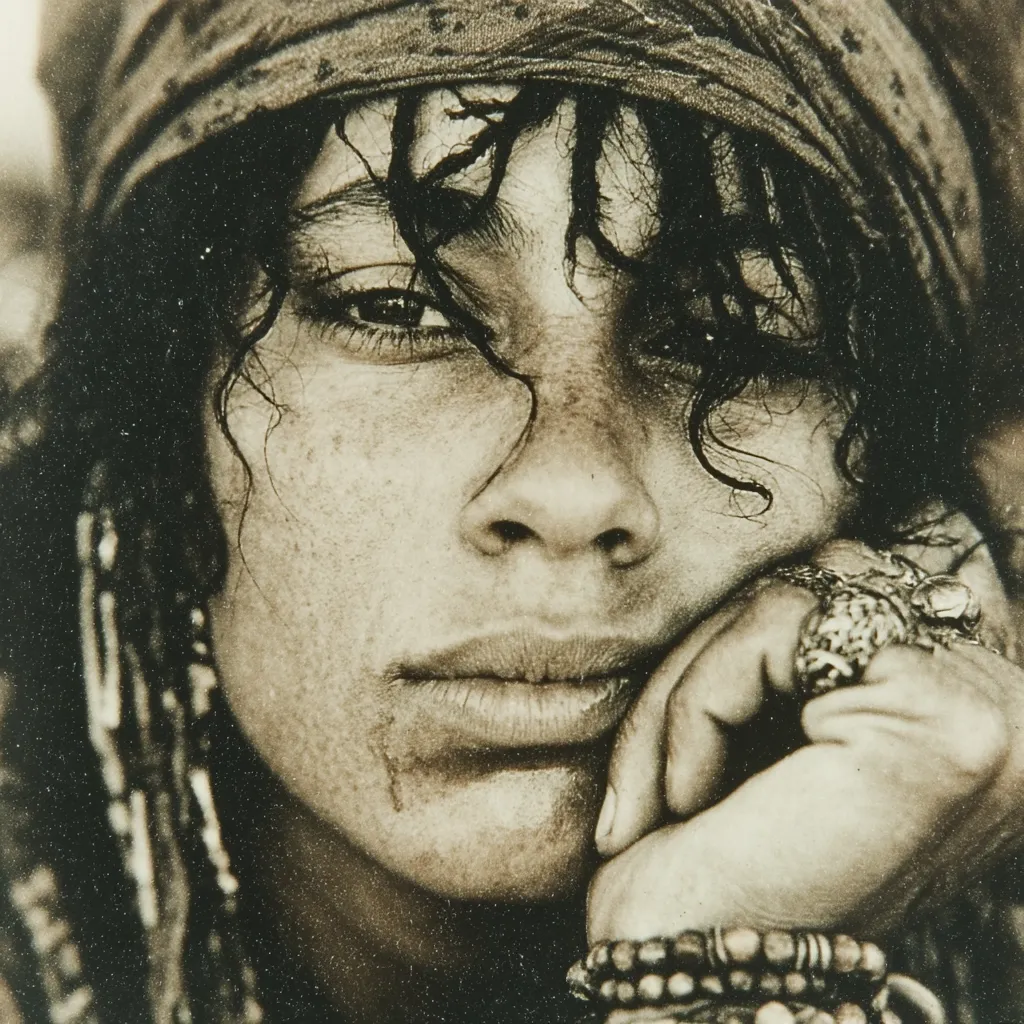 A sepia-toned close-up portrait captures a woman with dark, curly hair partially concealed by a head wrap.  Her face, etched with freckles and a hint of weariness, rests on her hand adorned with multiple rings and beaded bracelets.  The image conveys a sense of contemplation and resilience, highlighting the texture of her skin and the details of her adornments.  The overall mood is introspective and somewhat melancholic.