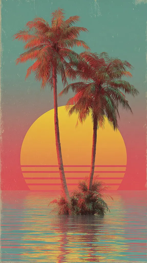 A stylized image depicts two palm trees on a small island in tranquil water, silhouetted against a vibrant sunset. The sun is a large, bright orange circle with horizontal stripes of pink and orange below it. The color palette is reminiscent of 1980s aesthetics, with teal and vintage-toned hues.  The overall mood is serene and nostalgic, evoking a sense of tropical paradise.