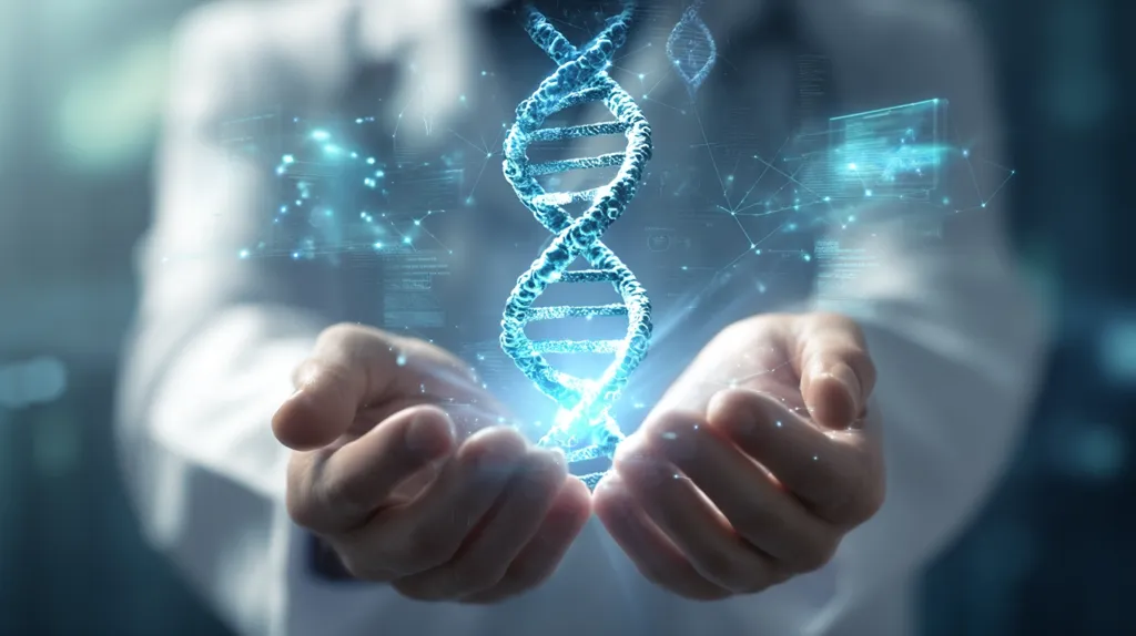 A person's hands gently cradle a glowing, three-dimensional model of a DNA double helix.  The DNA is vibrant blue, surrounded by a network of light blue data points and lines, suggesting digital analysis or genetic research.  The image evokes a sense of scientific discovery and the potential of genetic engineering or personalized medicine. The background is blurred, focusing attention on the DNA and hands.