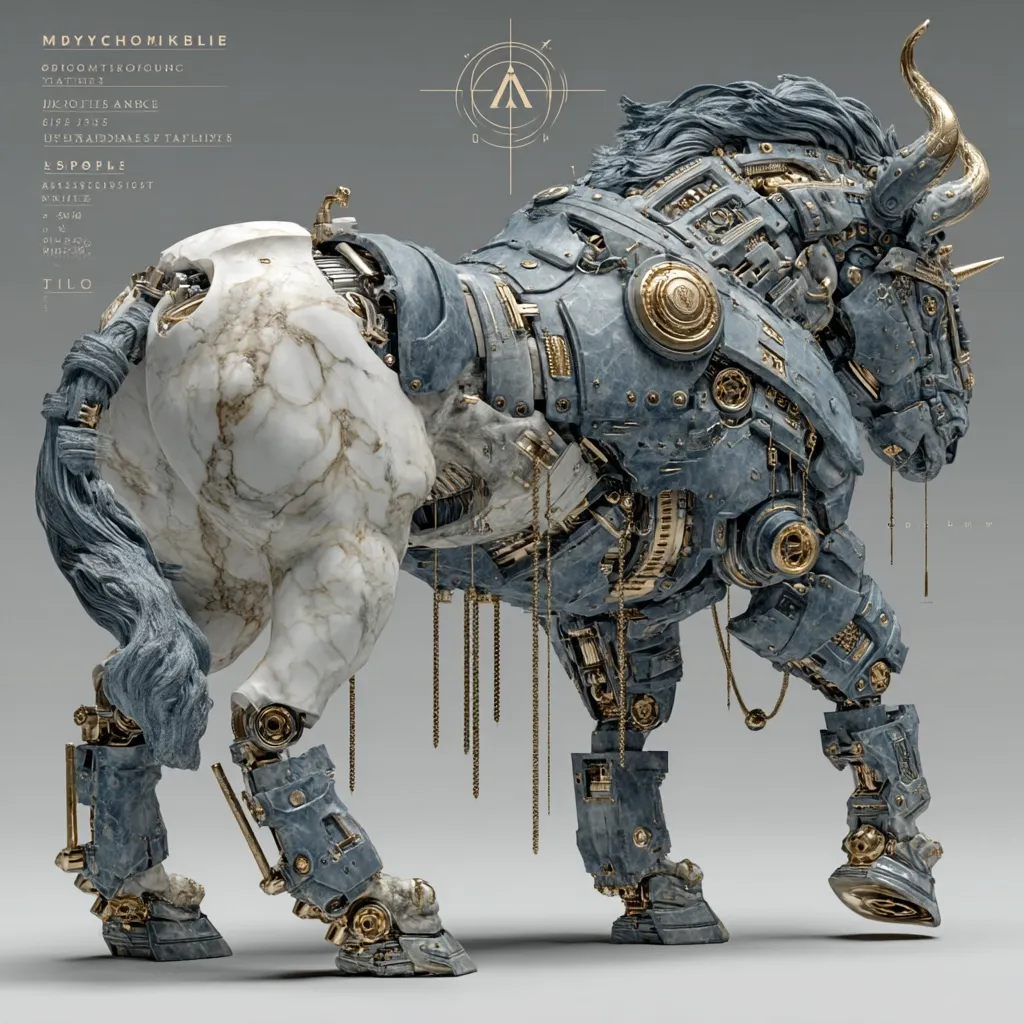 A digital rendering showcases a majestic, mechanical bull. Its body is a striking blend of white marble and intricate, steampunk-inspired metalwork, featuring gears, chains, and gold accents. The bull's pose is dynamic, suggesting movement. The overall style blends classical sculpture with futuristic technology. The image has a dark, moody background, contrasting with the bull's detailed features.