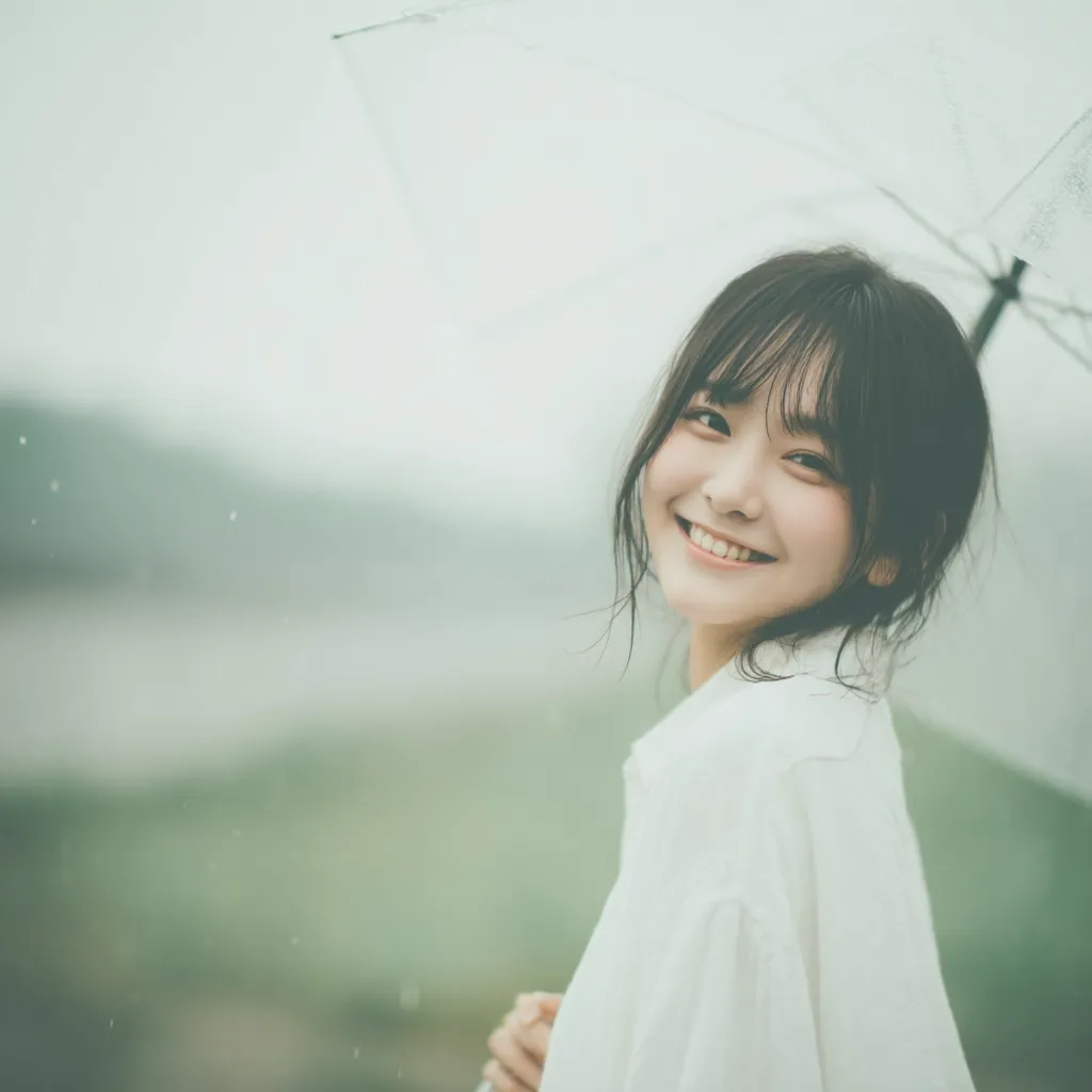 A young woman with dark hair and bangs smiles gently, her face partially obscured by a translucent umbrella. She's wearing a loose, white shirt, and the background is blurred, suggesting an outdoor setting on a slightly overcast day with light rain. The overall mood is serene and peaceful.  Her expression is joyful and natural.
