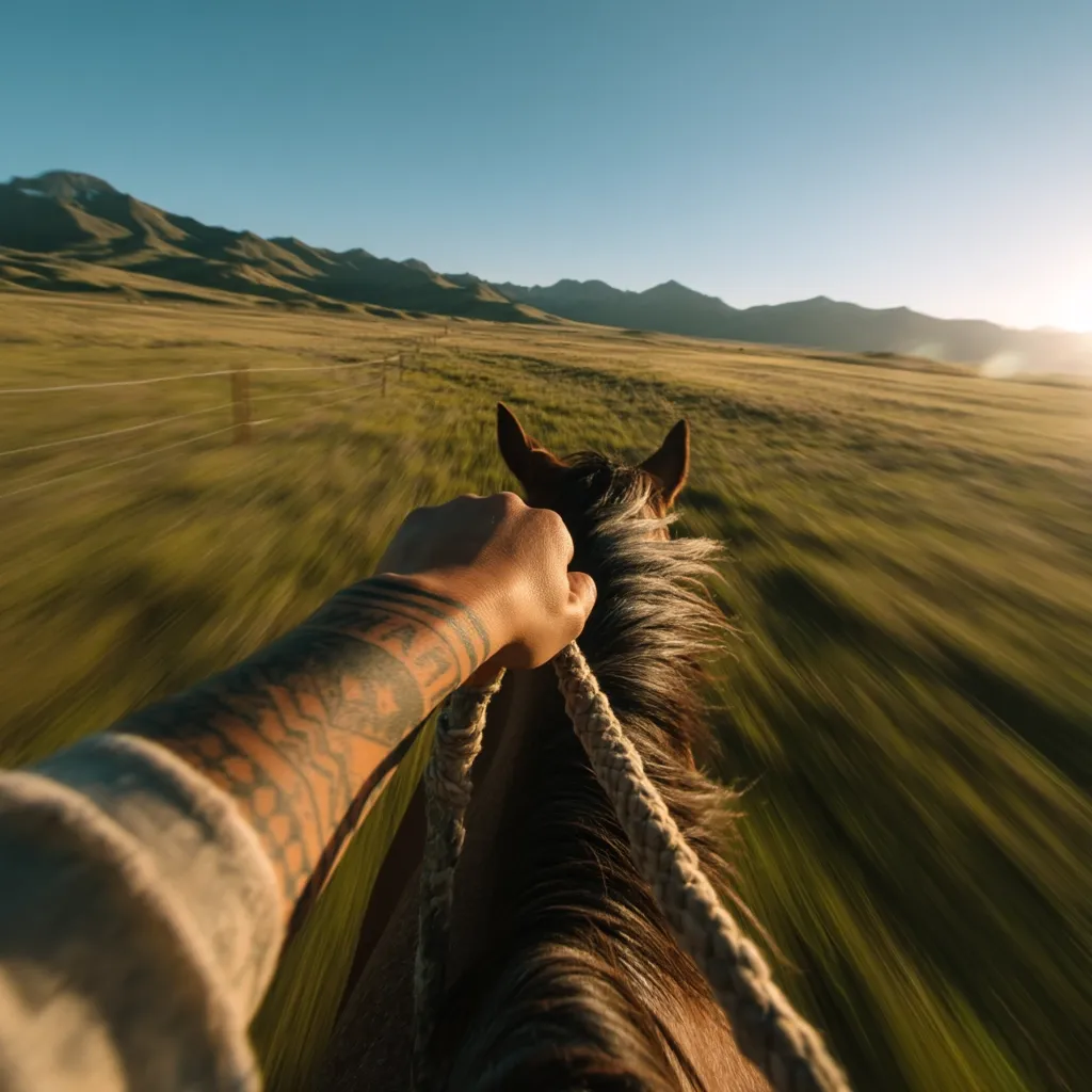 A first-person perspective of a fast horseback ride across a vast, grassy plain.  The sun shines brightly, illuminating the rolling hills in the distance.  The rider's tattooed arm grips the reins, the motion blurred, emphasizing the speed.  The horse's mane flows in the wind, creating a dynamic and exhilarating scene.