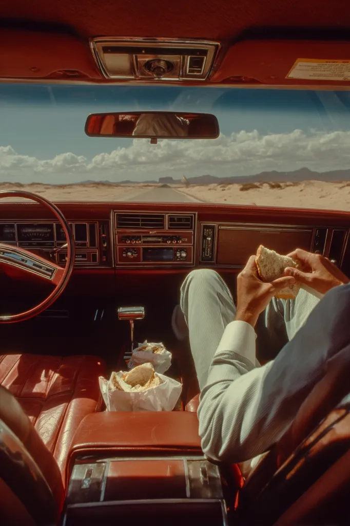 A person in a light-colored shirt sits in a vintage red car, eating a sandwich.  The car's interior is visible, along with additional sandwiches resting on the passenger seat.  The car is driving on a desert road under a bright, sunny sky.  The overall aesthetic is retro and evokes a sense of classic road trip.