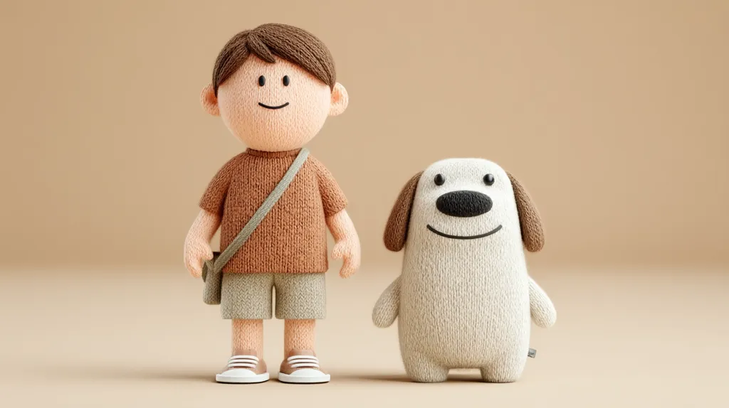 A 3D-rendered image shows a smiling boy and his dog.  The boy, with brown hair and a brown knitted shirt and shorts, carries a small satchel.  His companion is a similarly textured, off-white dog toy with brown ears. Both figures stand on a neutral beige background, creating a charming and simple scene.