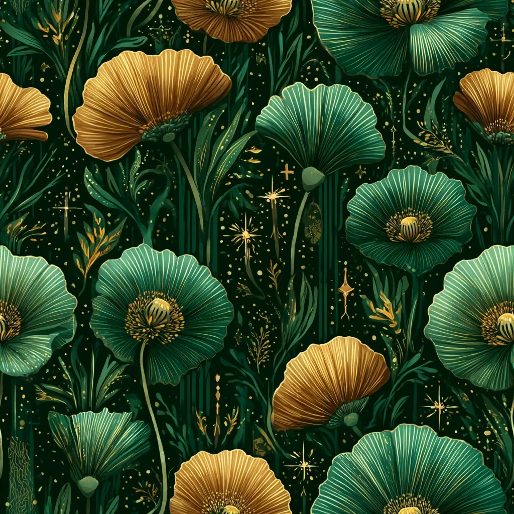 A seamless pattern showcases stylized poppies in deep teal and golden hues, set against a dark green background.  Gold accents and sparkling details add a magical, ethereal quality. The intricate floral design features varying poppy shapes and sizes, creating a rich, textured effect.  The overall aesthetic is luxurious and sophisticated, suggestive of a mystical garden.