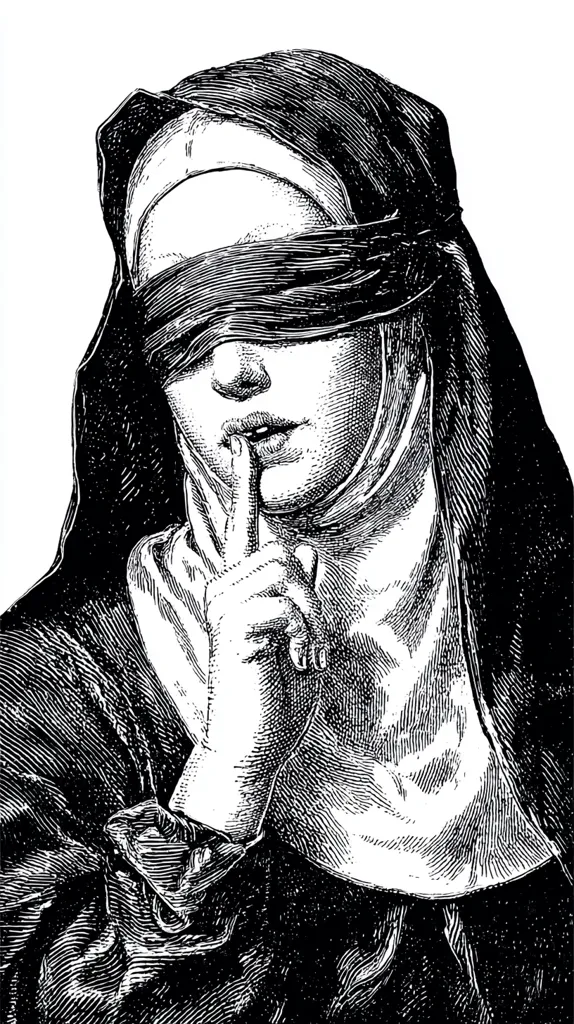 A black and white illustration depicts a nun, her eyes covered by a blindfold.  Her finger is pressed to her lips, a gesture of silence or secrecy. The intricate detailing in the illustration showcases the texture of her habit and the folds of the blindfold. The overall mood is one of mystery and quiet contemplation. The stark contrast enhances the dramatic effect of the image.