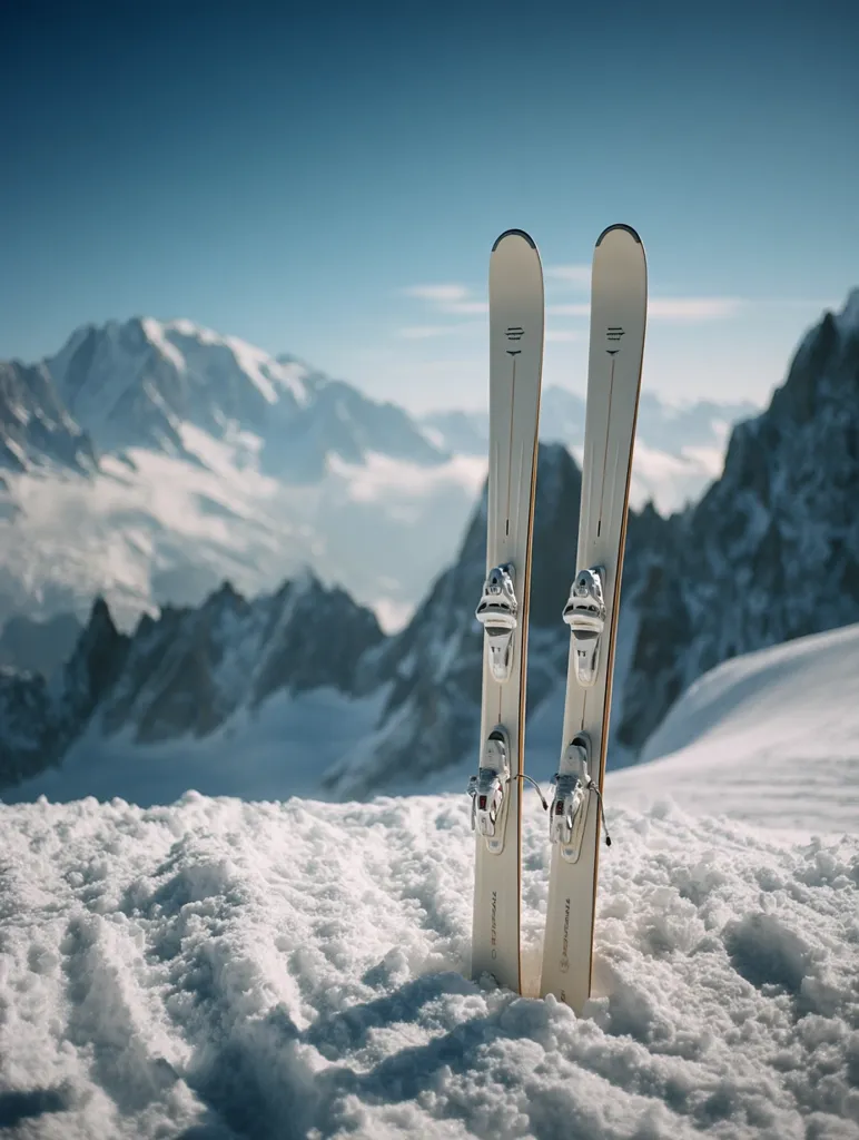 A pair of elegant, cream-colored skis stand upright in pristine snow, their bindings gleaming.  The majestic, snow-capped Alps form a breathtaking backdrop under a clear blue sky. The scene evokes a sense of serenity and adventure, perfect for a luxurious ski vacation.  The skis are planted firmly, ready for a thrilling descent.