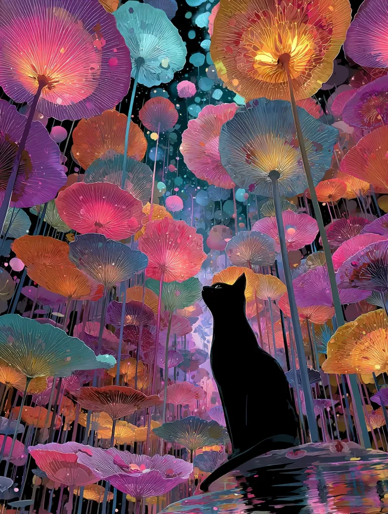 A black cat sits serenely amidst a vibrant, surreal forest of luminous, oversized mushrooms.  The fungi boast a kaleidoscope of colors—purples, pinks, oranges, and blues—their stems slender and elegant against a dark, starry backdrop. The scene is dreamlike and enchanting, a whimsical juxtaposition of nature and fantasy.  The cat's silhouette is sharply defined against the richly hued background, creating a captivating focal point.