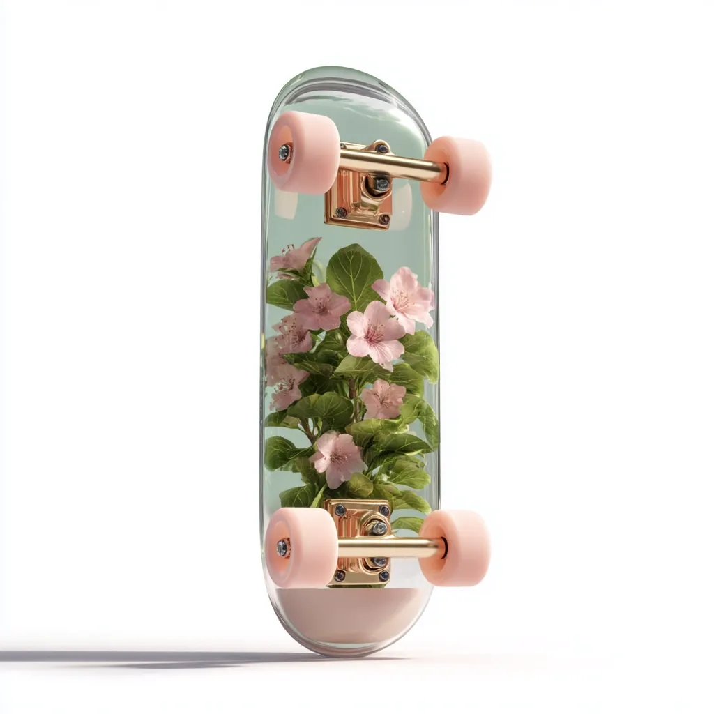 A transparent skateboard deck encases a blooming flowering plant.  Pink blossoms and green leaves are visible within the deck, which features rose gold-colored trucks and pale pink wheels. The image is set against a clean white background, highlighting the unique and artistic design of the skateboard.  The overall aesthetic is delicate and whimsical.